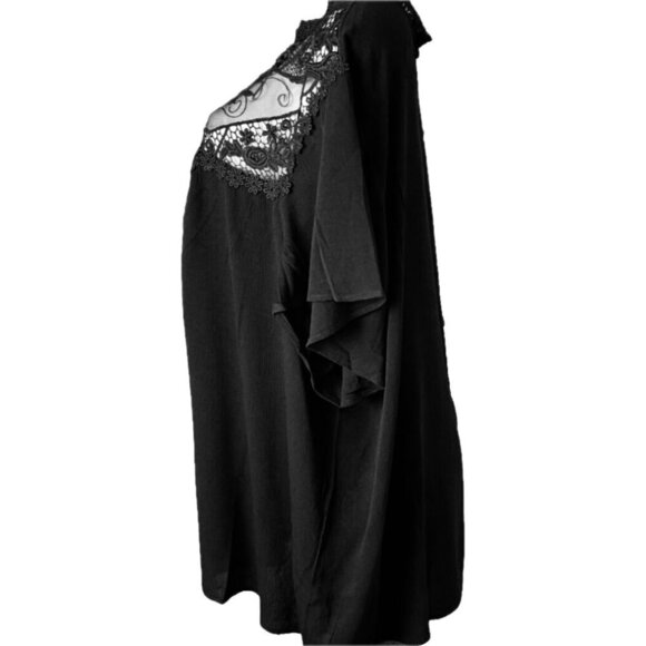 Torrid +6 Black High Neck Sheer Mesh Crochet Keyhole Back Short Sleeve Blouse - Picture 3 of 5